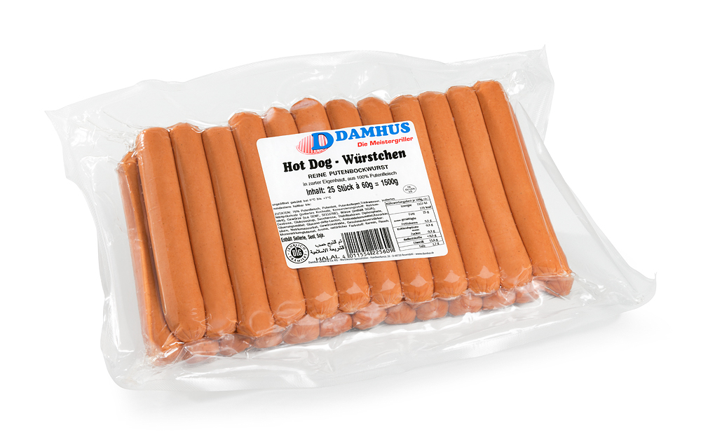 Damhus PUTEN Hot Dog, 25x60g, aus feinem Putenfleisch hergestellt. 