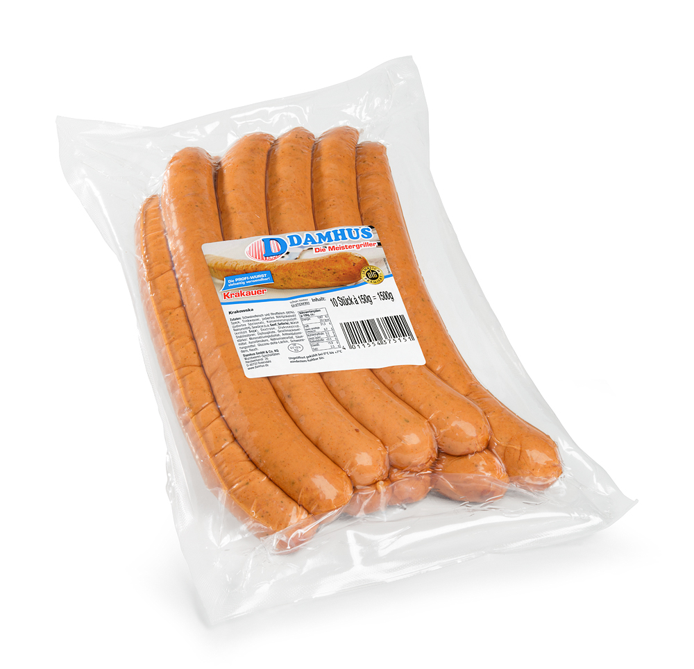 Damhus Krakauer, 10x150g, Naturdarm 10 lange Krakauerwürstchen in einer Vakuumklarsichtverpackung.