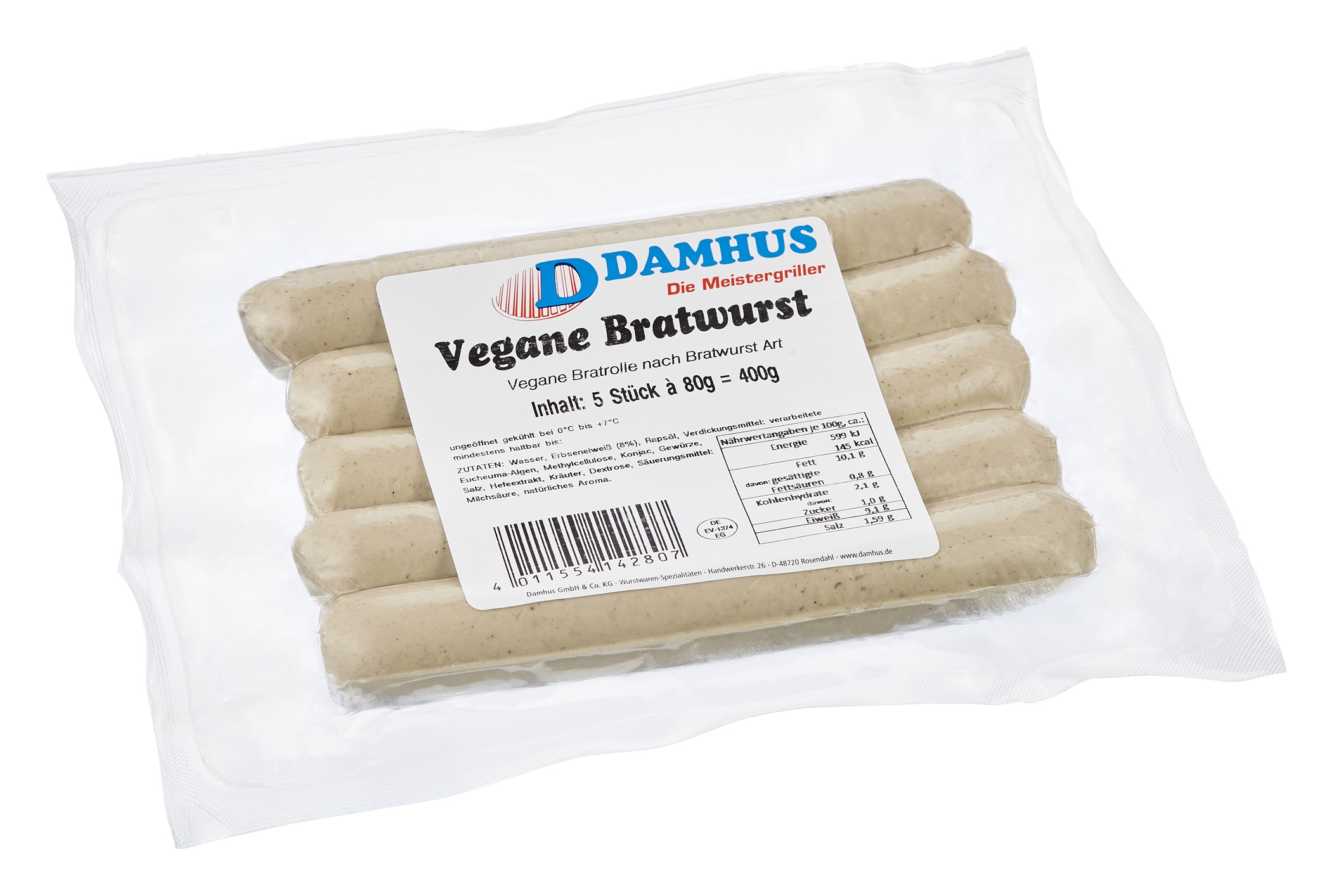 Vegane Bratwurst 5x80g Verpackung mit 5 veganen Bratwürsten
